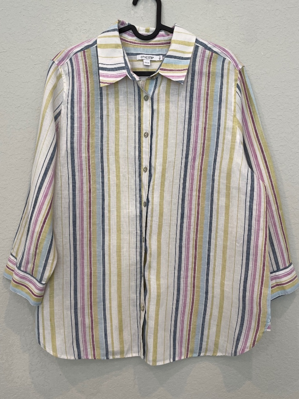 Chico's Shirt Women's 2 US 12 Linen Button Up 3/4 Sleeves Striped Multicolor